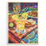 Load image into Gallery viewer, Colorful margarita cocktail poster with lime garnish, nachos, and Mexican food on a bright patterned tablecloth, perfect for lively kitchen, dining, or bar wall décor.
