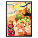 Load image into Gallery viewer, Colorful margarita cocktail poster with lime slices, tequila shots, and vibrant bar accessories on a wooden counter, ideal for kitchen or home bar wall décor.
