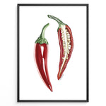 Load image into Gallery viewer, Minimalist red chili pepper plakat illustration showing whole and sliced chili with seeds, framed in black, ideal for modern kitchen or dining room wall art.
