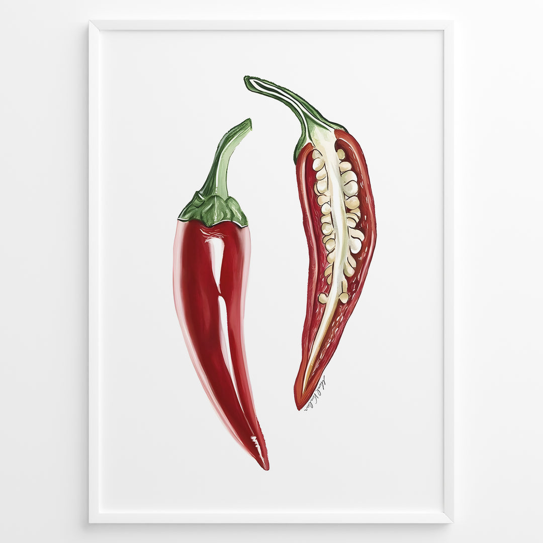 Minimalist red chili pepper plakat illustration showing whole and sliced chili with seeds, framed in black, ideal for modern kitchen or dining room wall art.