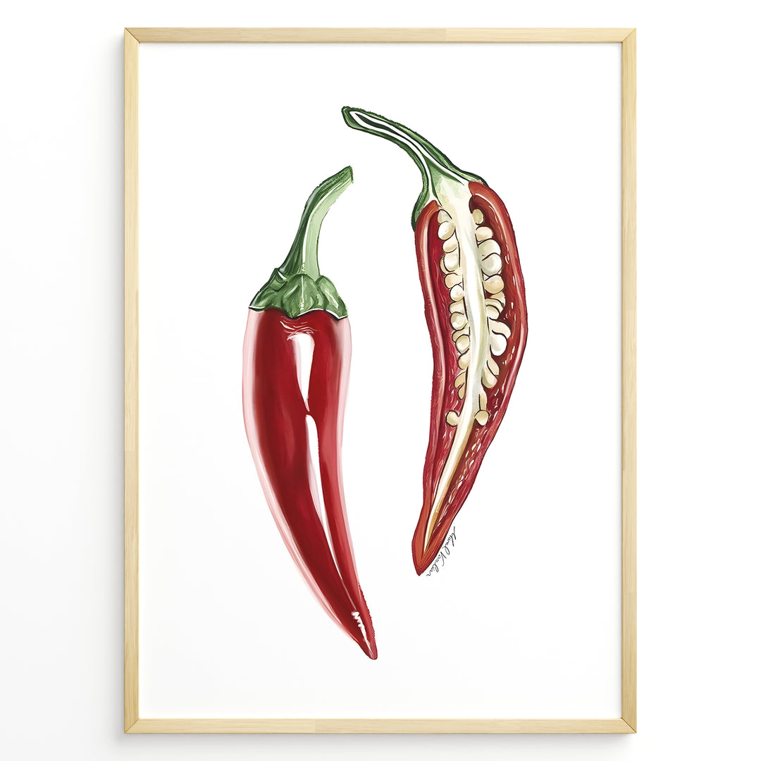 Minimalist red chili pepper plakat illustration showing whole and sliced chili with seeds, framed in black, ideal for modern kitchen or dining room wall art.