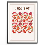 Load image into Gallery viewer, Colorful “Spice It Up” kitchen wall art  plakatwith illustrated chili peppers, carrots, and bell peppers, framed in black, ideal for modern kitchen or dining room décor.
