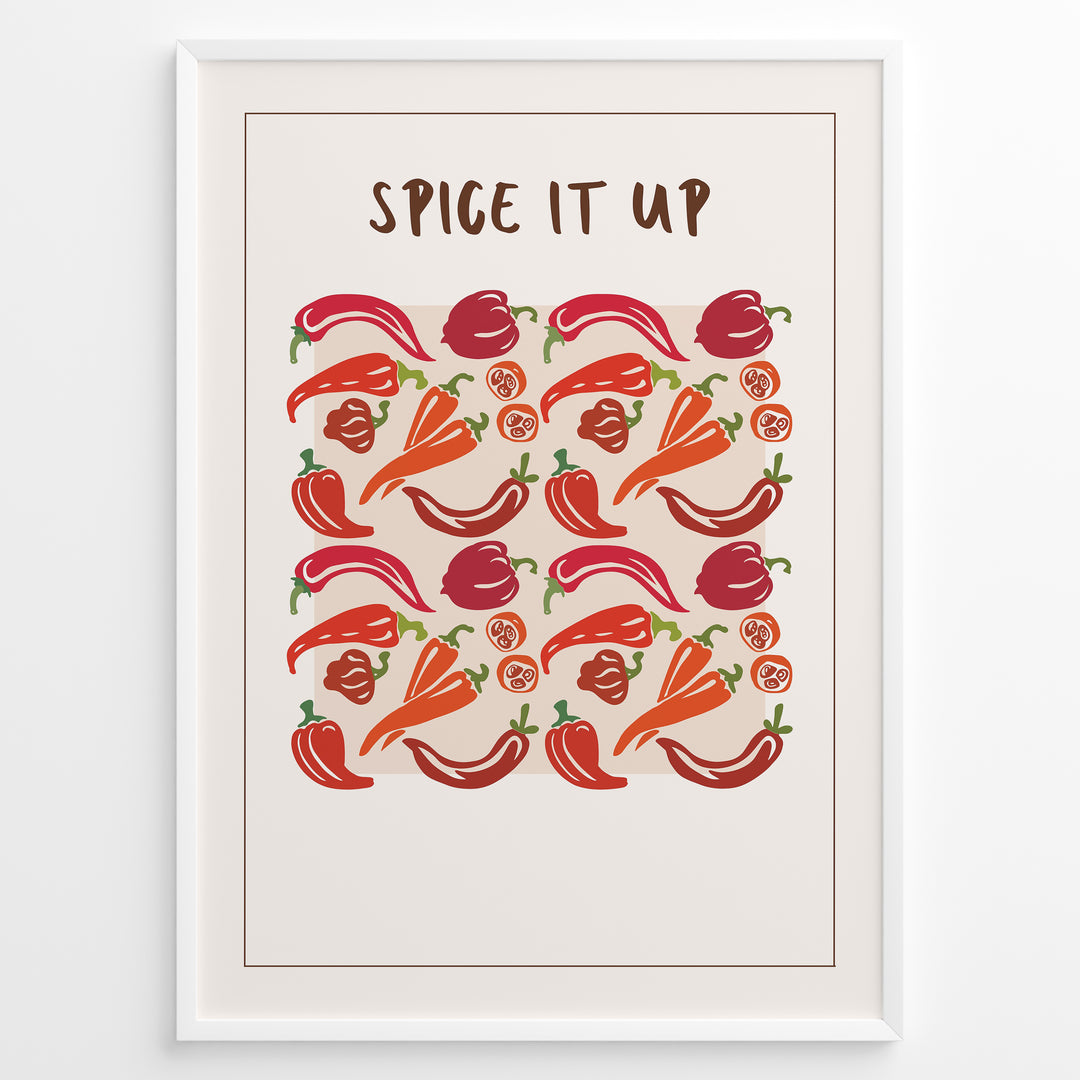 Colorful “Spice It Up” kitchen wall art  plakatwith illustrated chili peppers, carrots, and bell peppers, framed in black, ideal for modern kitchen or dining room décor.