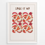 Load image into Gallery viewer, Colorful “Spice It Up” kitchen wall art  plakatwith illustrated chili peppers, carrots, and bell peppers, framed in black, ideal for modern kitchen or dining room décor.
