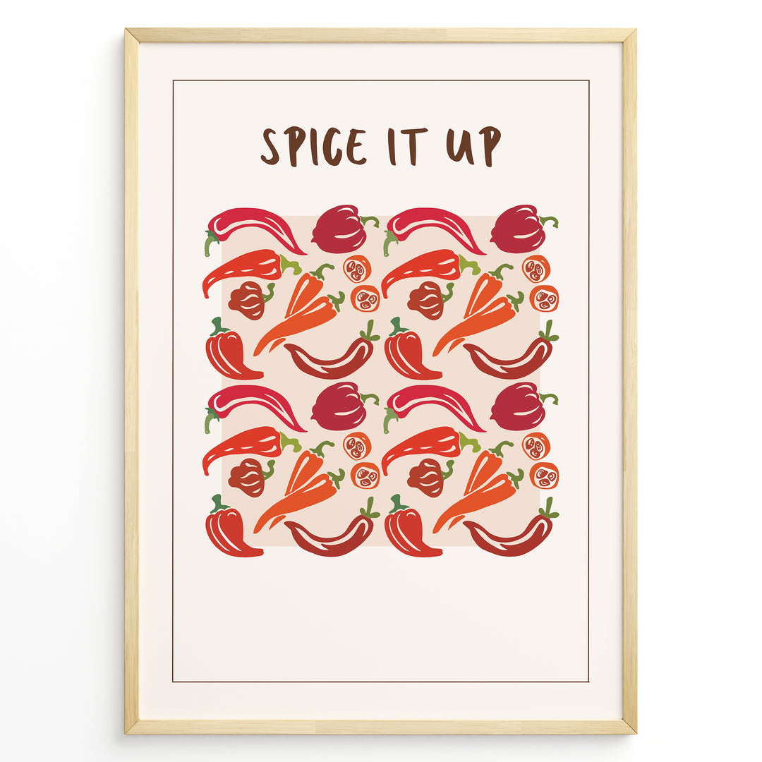 Colorful “Spice It Up” kitchen wall art  plakatwith illustrated chili peppers, carrots, and bell peppers, framed in black, ideal for modern kitchen or dining room décor.