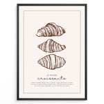 Load image into Gallery viewer, Minimalist French croissant plakat illustration with “Le Matin Croissants” text, framed in black, ideal for bakery, kitchen, or café wall décor.
