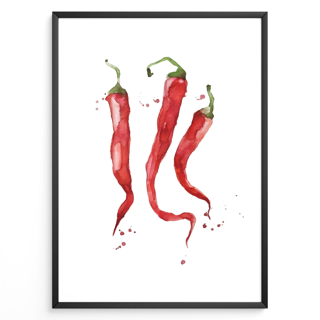 Watercolor plakat illustration of three red chili peppers with green stems and paint splatters, framed in black, ideal for modern kitchen or dining room décor.