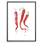 Load image into Gallery viewer, Watercolor plakat illustration of three red chili peppers with green stems and paint splatters, framed in black, ideal for modern kitchen or dining room décor.
