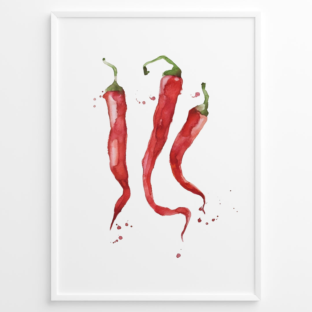Watercolor plakat illustration of three red chili peppers with green stems and paint splatters, framed in black, ideal for modern kitchen or dining room décor.