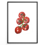 Load image into Gallery viewer, Watercolor illustration of ripe red tomatoes on a vine with green stems, framed in black, ideal for adding a fresh and modern touch to kitchen or dining room décor.
