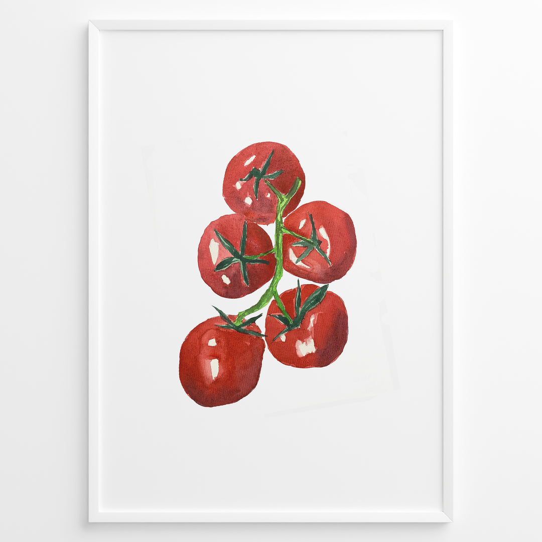 Watercolor illustration of ripe red tomatoes on a vine with green stems, framed in black, ideal for adding a fresh and modern touch to kitchen or dining room décor.
