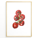 Load image into Gallery viewer, Watercolor illustration of ripe red tomatoes on a vine with green stems, framed in black, ideal for adding a fresh and modern touch to kitchen or dining room décor.
