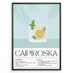 Load image into Gallery viewer, Minimalist Caipiroska cocktail recipe poster with a lime and mint drink illustration on a blue background, framed in black, ideal for kitchen or home bar wall décor.
