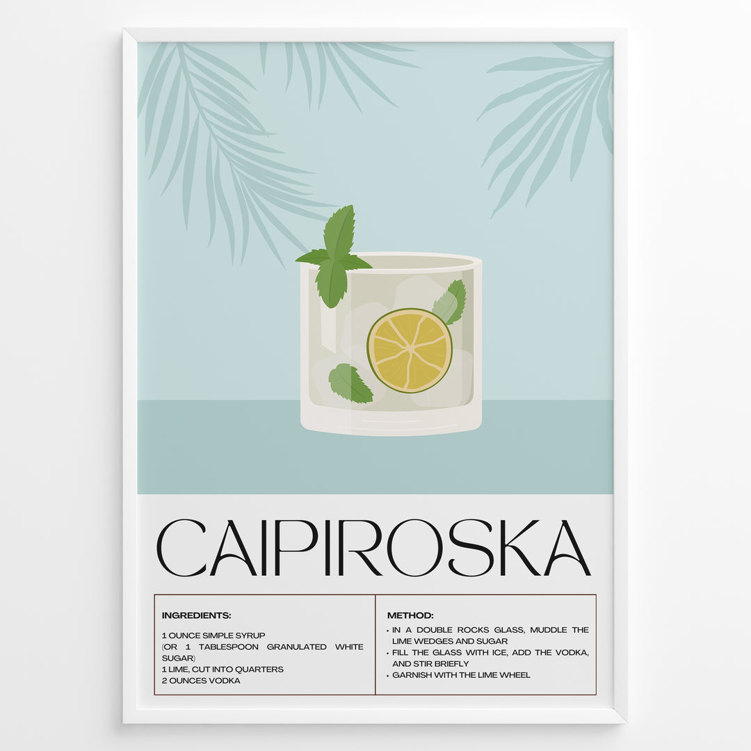 Minimalist Caipiroska cocktail recipe poster with a lime and mint drink illustration on a blue background, framed in black, ideal for kitchen or home bar wall décor.
