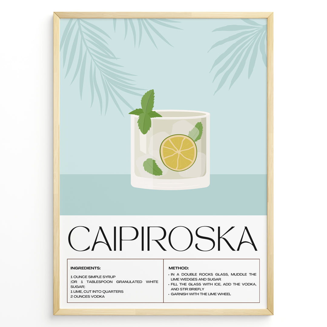 Minimalist Caipiroska cocktail recipe poster with a lime and mint drink illustration on a blue background, framed in black, ideal for kitchen or home bar wall décor.