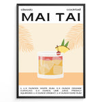 Load image into Gallery viewer, Minimalist Mai Tai cocktail recipe poster with a tropical drink illustration, showing rum, lime, and pineapple garnish, framed in black, ideal for kitchen or bar wall décor.
