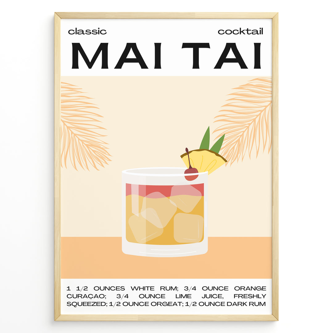Minimalist Mai Tai cocktail recipe poster with a tropical drink illustration, showing rum, lime, and pineapple garnish, framed in black, ideal for kitchen or bar wall décor.