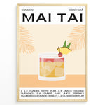 Load image into Gallery viewer, Minimalist Mai Tai cocktail recipe poster with a tropical drink illustration, showing rum, lime, and pineapple garnish, framed in black, ideal for kitchen or bar wall décor.
