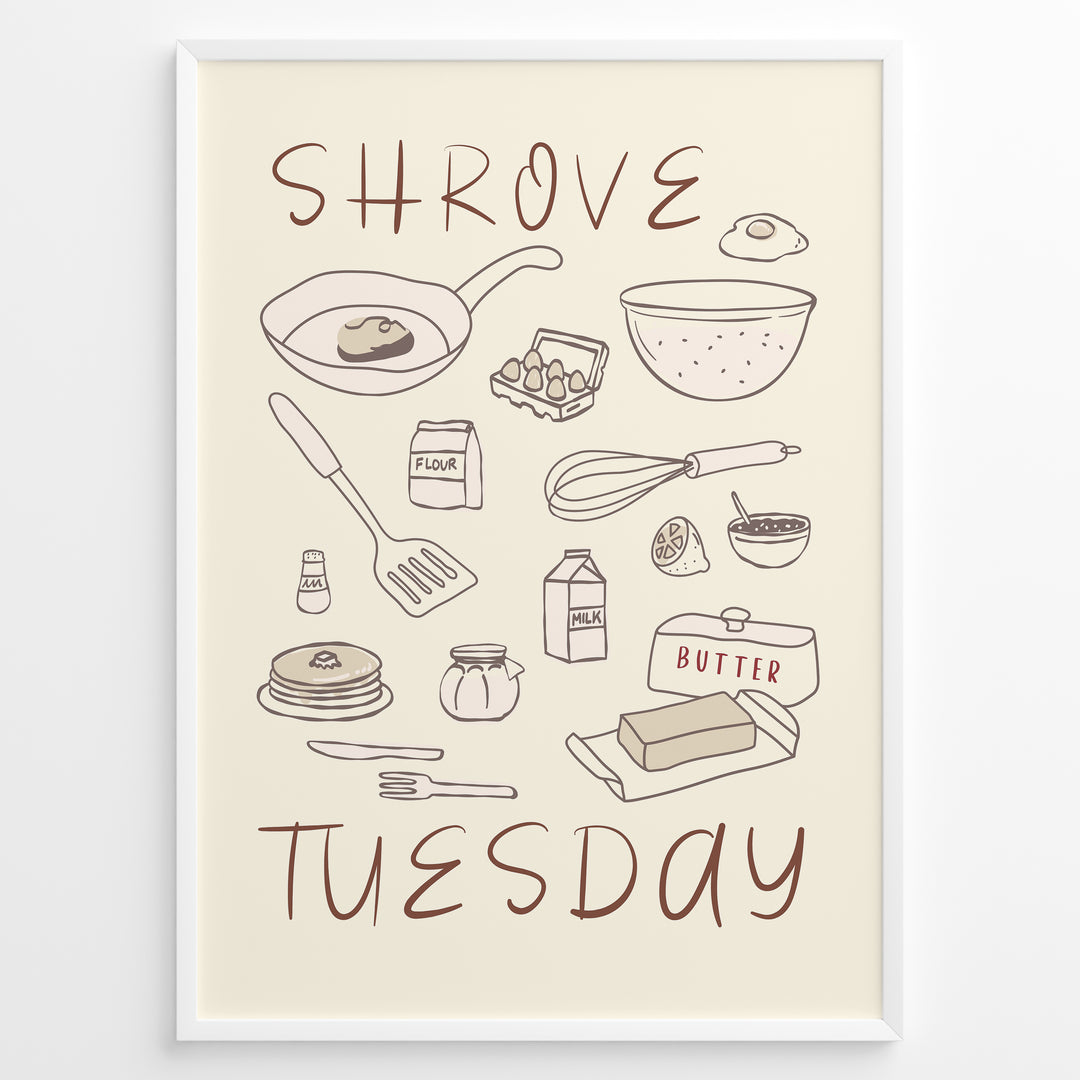 Minimalist Shrove Tuesday poster with illustrated kitchen ingredients like pancakes, eggs, flour, and butter, framed in black, ideal for cozy kitchen or café wall décor.