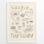 Load image into Gallery viewer, Minimalist Shrove Tuesday poster with illustrated kitchen ingredients like pancakes, eggs, flour, and butter, framed in black, ideal for cozy kitchen or café wall décor.
