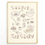 Load image into Gallery viewer, Minimalist Shrove Tuesday poster with illustrated kitchen ingredients like pancakes, eggs, flour, and butter, framed in black, ideal for cozy kitchen or café wall décor.
