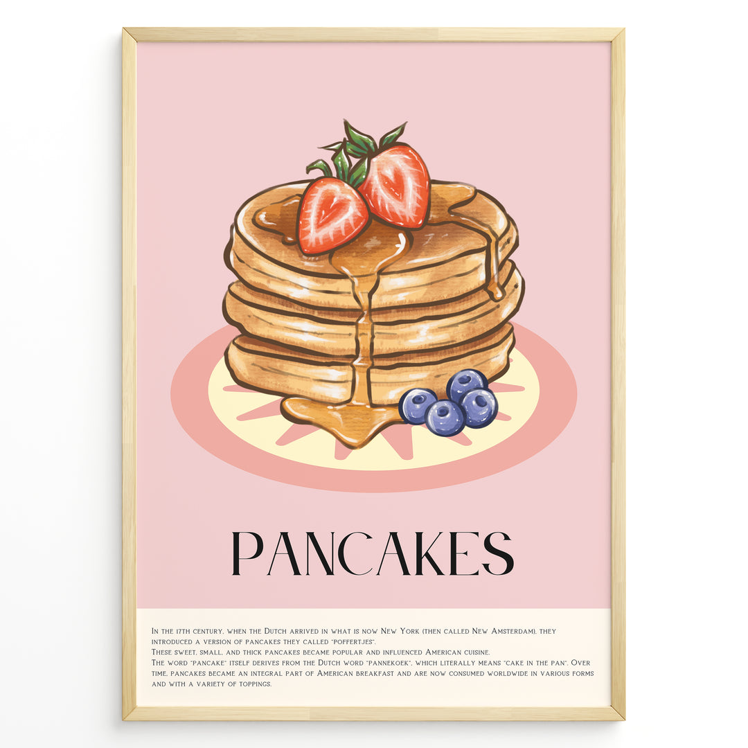 Illustrated pancakes wall art with syrup, strawberries, and blueberries on a pink background, framed in black, ideal for kitchen or breakfast nook decoration.