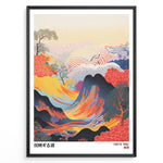 Load image into Gallery viewer, Vibrant Japanese abstract landscape with colorful waves, mountains, and dotted patterns in a framed poster.
