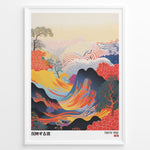 Load image into Gallery viewer, Vibrant Japanese abstract landscape with colorful waves, mountains, and dotted patterns in a framed poster.
