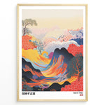 Load image into Gallery viewer, Vibrant Japanese abstract landscape with colorful waves, mountains, and dotted patterns in a framed poster.
