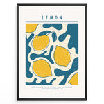 Load image into Gallery viewer, Modern lemon art print plakat with yellow lemons and teal abstract shapes, text reading “Life is like a box of citrus – you never know what you’re gonna get,” framed in black.
