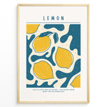 Load image into Gallery viewer, Modern lemon art print plakat with yellow lemons and teal abstract shapes, text reading “Life is like a box of citrus – you never know what you’re gonna get,” framed in golden.
