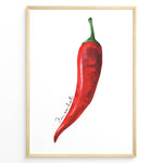 Load image into Gallery viewer, Watercolor red chili pepper wall art with handwritten text “I’m so hot,” minimalist kitchen décor framed in black for modern or rustic cooking spaces.
