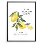 Load image into Gallery viewer, Watercolor lemon branch wall art with the quote “If life gives you lemons, make lemonade,” framed in black, ideal for uplifting kitchen or café décor.
