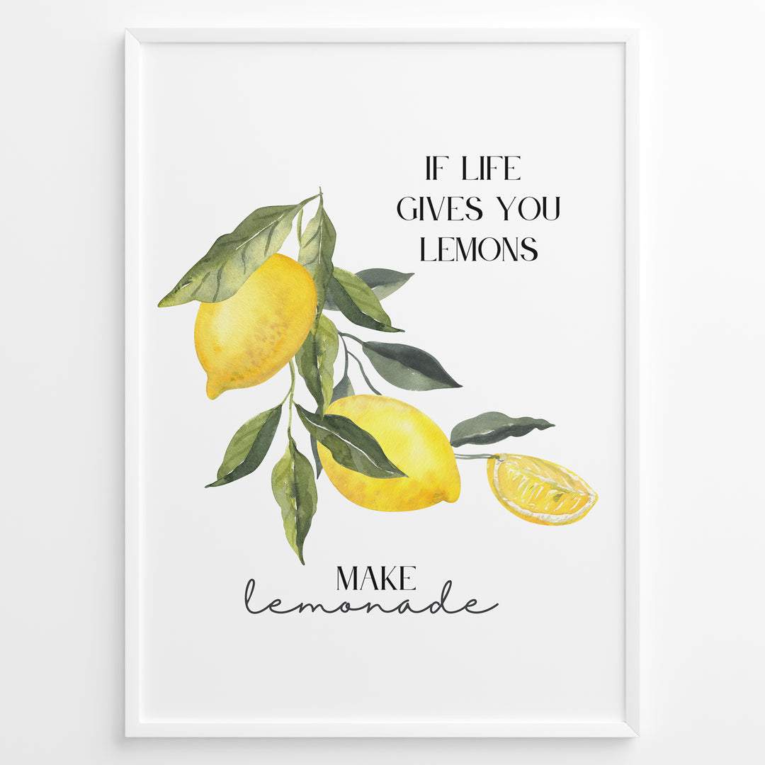 Watercolor lemon branch wall art with the quote “If life gives you lemons, make lemonade,” framed in black, ideal for uplifting kitchen or café décor.