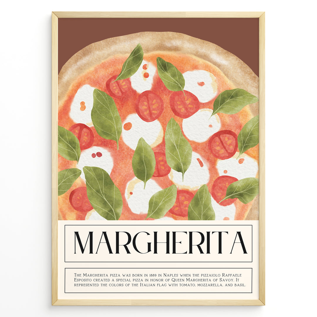 Watercolor Margherita pizza wall art with tomatoes, mozzarella, and basil on a brown background, framed in black, ideal for Italian kitchen or restaurant decoration.