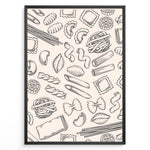 Load image into Gallery viewer, Minimalist pasta pattern wall art with hand-drawn line illustrations of penne, ravioli, fusilli, and spaghetti on a beige background, framed in black for modern kitchen décor.
