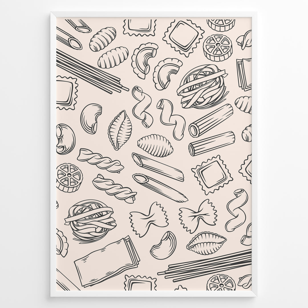 Minimalist pasta pattern wall art with hand-drawn line illustrations of penne, ravioli, fusilli, and spaghetti on a beige background, framed in black for modern kitchen décor.