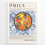 Load image into Gallery viewer, Watercolor paella wall art showing seafood, rice, and mussels on blue patterned tiles, framed in black, ideal for Spanish kitchen or restaurant wall decoration.
