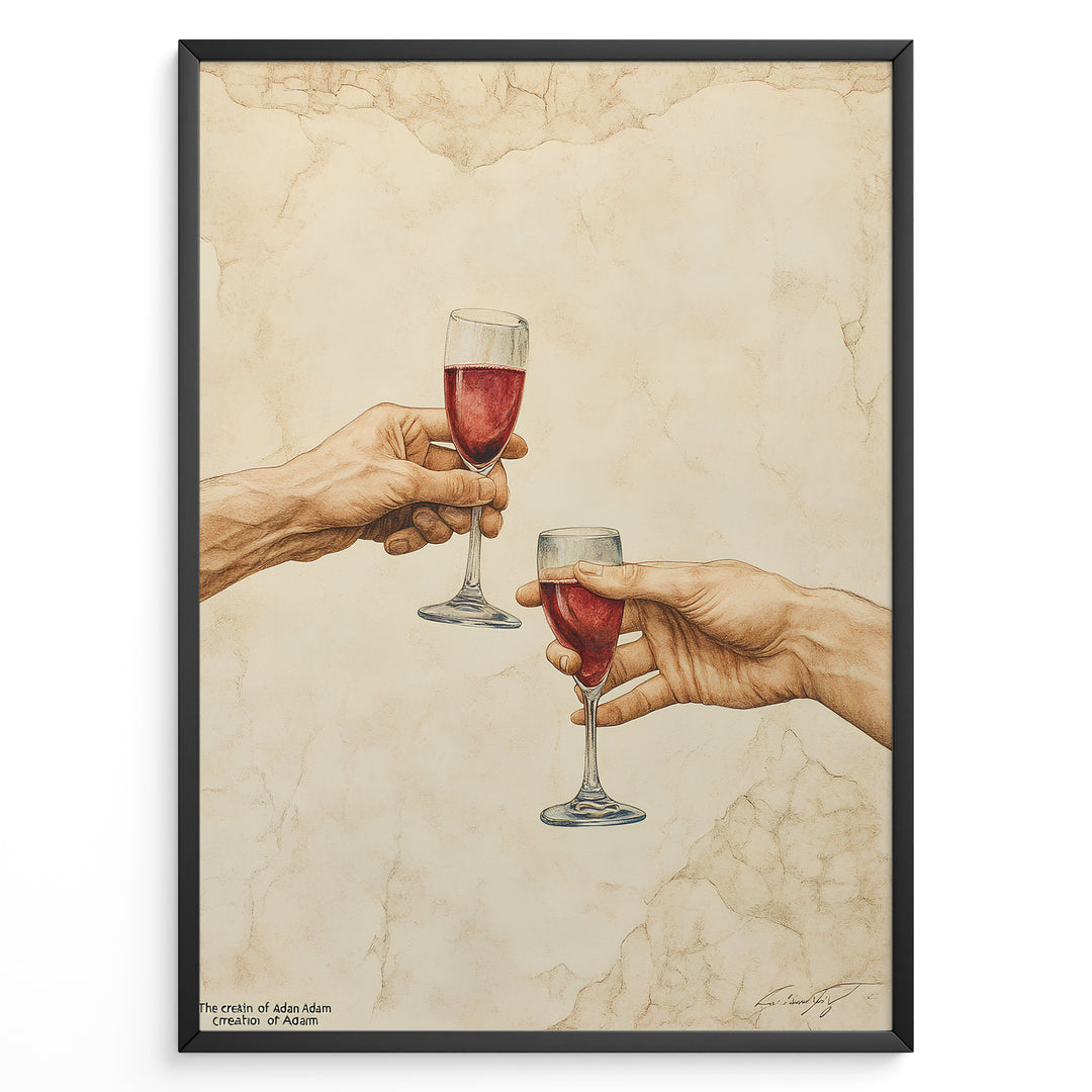 Art print plakat of two realistic hands clinking wine glasses, inspired by Michelangelo’s Creation of Adam, with beige marble texture background in a black frame.