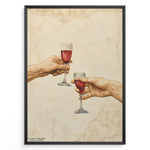 Load image into Gallery viewer, Art print plakat of two realistic hands clinking wine glasses, inspired by Michelangelo’s Creation of Adam, with beige marble texture background in a black frame.
