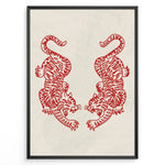 Load image into Gallery viewer, Minimalist red cutout-style illustration of two mirrored tigers on a light textured background in a framed poster.
