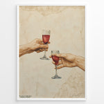 Load image into Gallery viewer, Art print plakat of two realistic hands clinking wine glasses, inspired by Michelangelo’s Creation of Adam, with beige marble texture background in a white frame.
