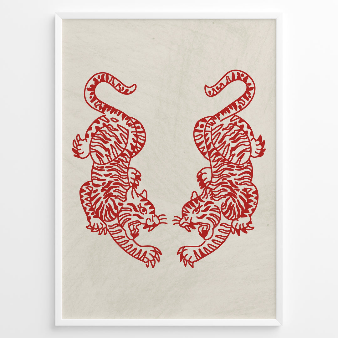 Minimalist red cutout-style illustration of two mirrored tigers on a light textured background in a framed poster.