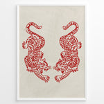 Load image into Gallery viewer, Minimalist red cutout-style illustration of two mirrored tigers on a light textured background in a framed poster.
