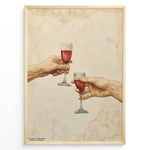 Load image into Gallery viewer, Art print plakat of two realistic hands clinking wine glasses, inspired by Michelangelo’s Creation of Adam, with beige marble texture background in a golden frame.
