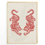 Load image into Gallery viewer, Minimalist red cutout-style illustration of two mirrored tigers on a light textured background in a framed poster.
