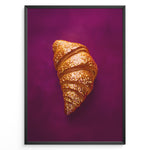 Load image into Gallery viewer, Golden glitter croissant art print plakat on deep purple background framed in black.
