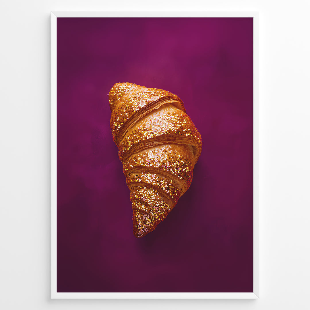 Golden glitter croissant art print plakat on deep purple background framed in black.