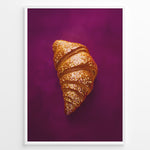 Load image into Gallery viewer, Golden glitter croissant art print plakat on deep purple background framed in black.
