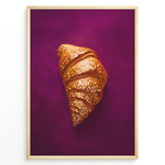 Load image into Gallery viewer, Golden glitter croissant art print plakat on deep purple background framed in black.
